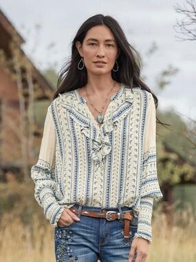 EUC [Sundance] Blue Ivory Floral Button Down Long Sleeve Peasant Blouse | Medium